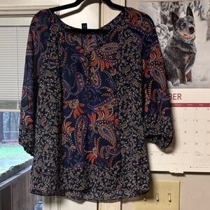 Chaps Navy and Orange Floral Paisley Blouse